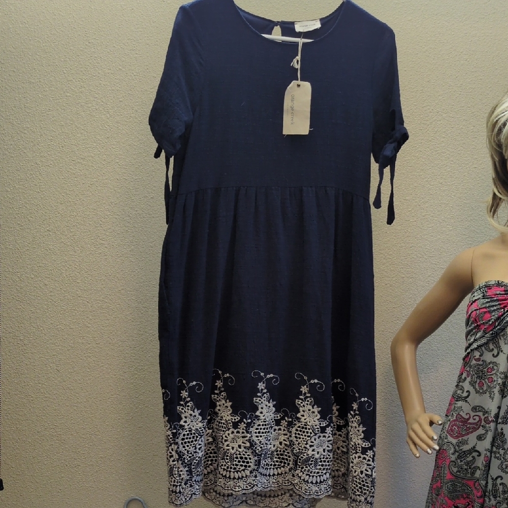 orange creek Navy Blue Midi Dress with White Lace Hem